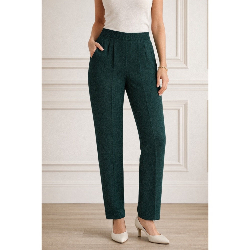 St. John Collection Marie Gray Women's Green Pleated Santana Knit Pants Trousers